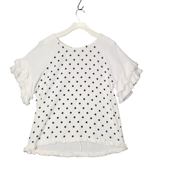 Umgee Women Cottagecore Linen Cotton Polka Dot Top L White Ruffle Frayed Hem